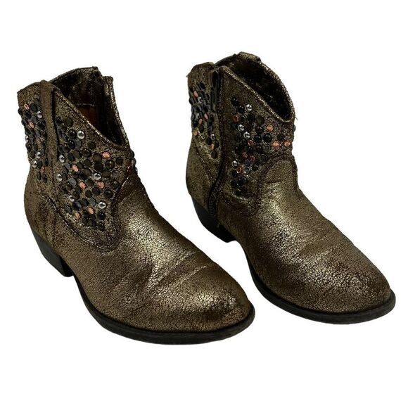 FRYE Deborah Studded Gold Metallic Short Side Zip Up Heel Girls Ankle Boots 1 - Picture 1 of 4
